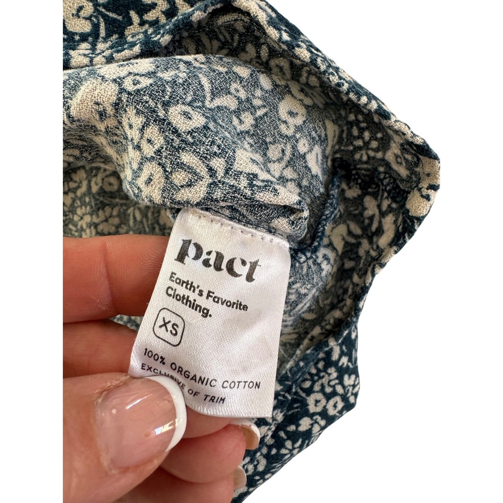 Pact XS Organic Cotton Floral Peasant Blouse Blue Long Sleeve Split Neck - Picture 4 of 7